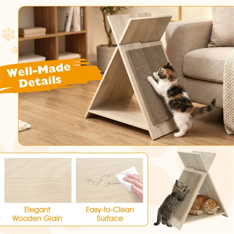 Multi-Functional Cat Scratcher - 18.5"X12"X21", Scratching Surface, Tunnel & Wooden Lounge