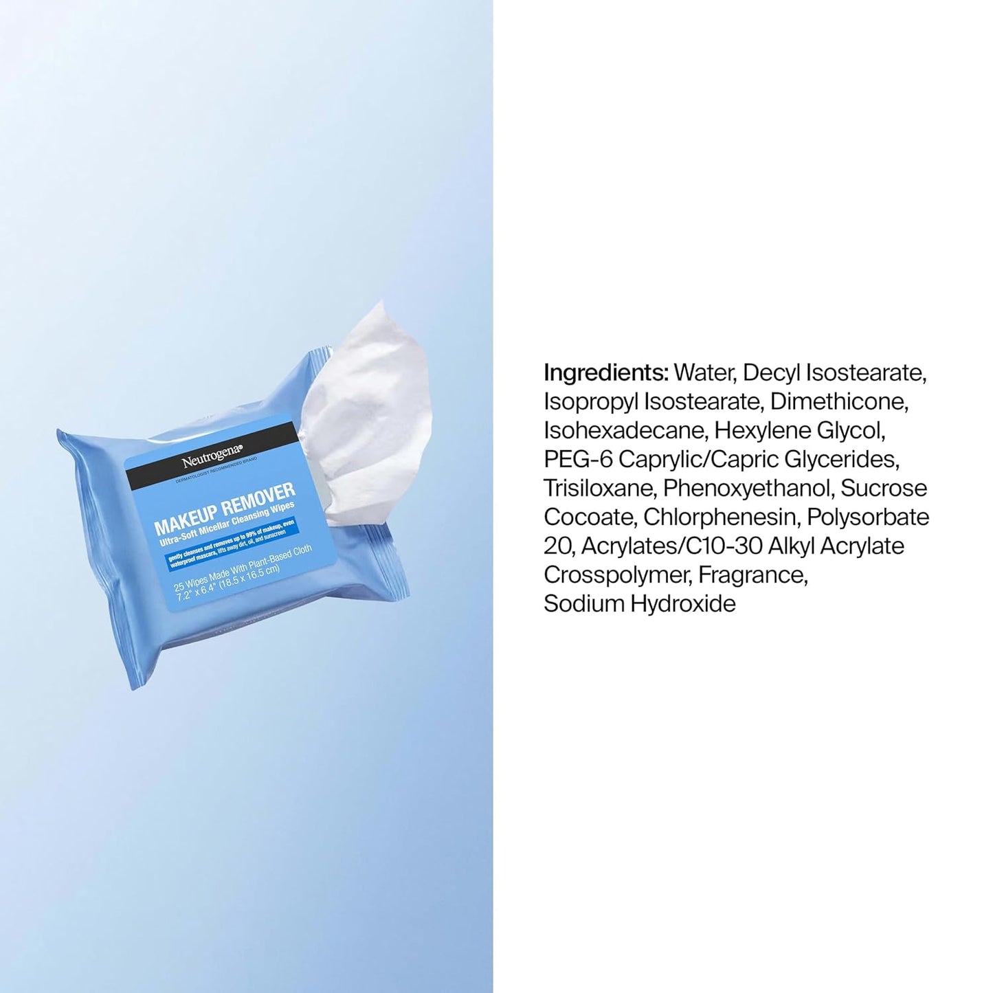 Neutrogena Makeup Remover Micellar Wipes for Face Daily Gently Removes Oil Dirt and Waterproof Makeup in a Simple Fully Plant-Based Cloth, 25 Count (Pack of 24)