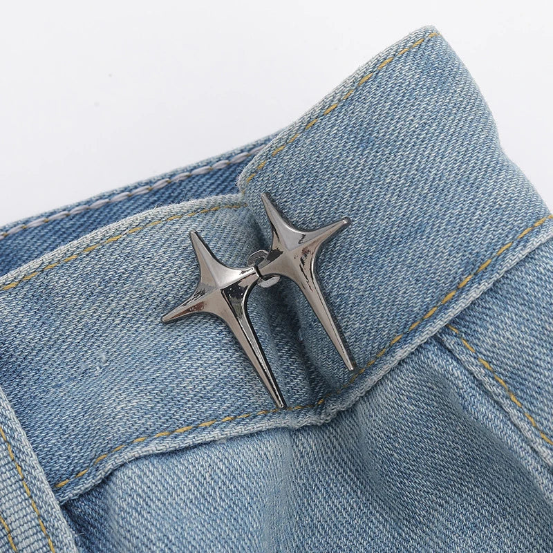 Trendy Cross Star Waist Buckle Adjustable Detachable Pants Clips Waist Tightener Nail-Free Metal Button Snaps for Jeans Decor